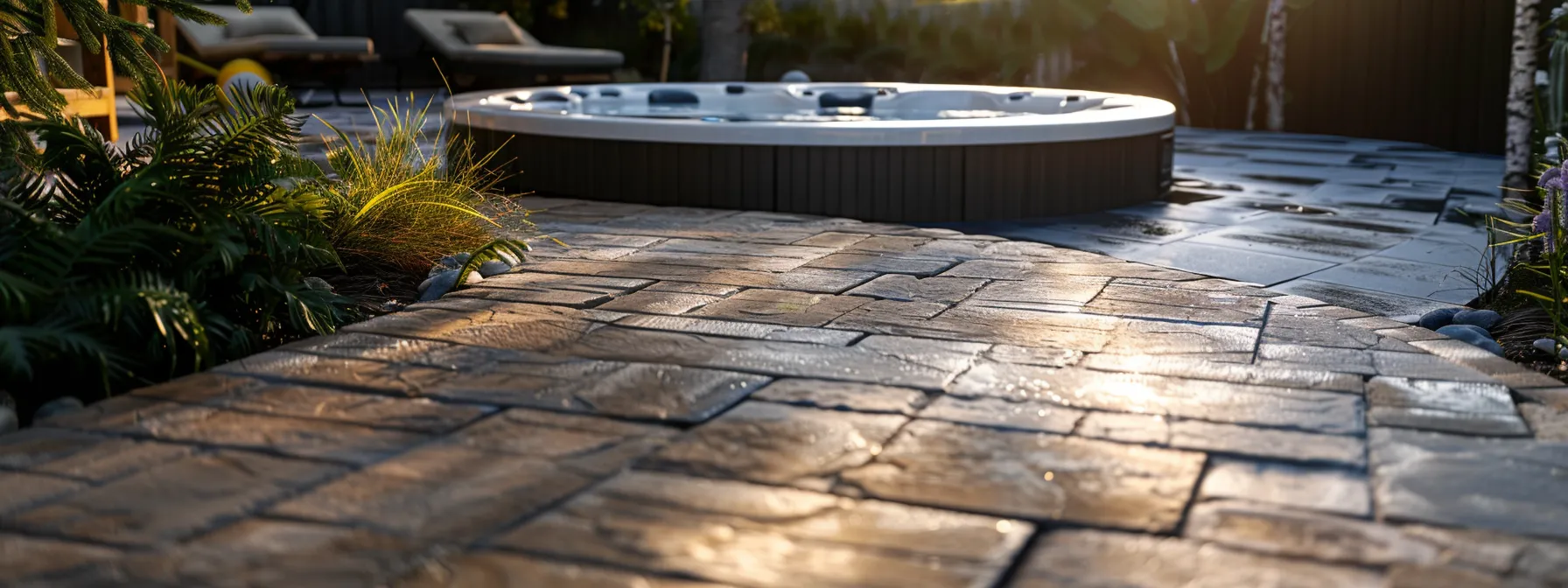 a sturdy and stylish array of thick, load-bearing pavers perfectly supporting a luxurious hot tub installation.